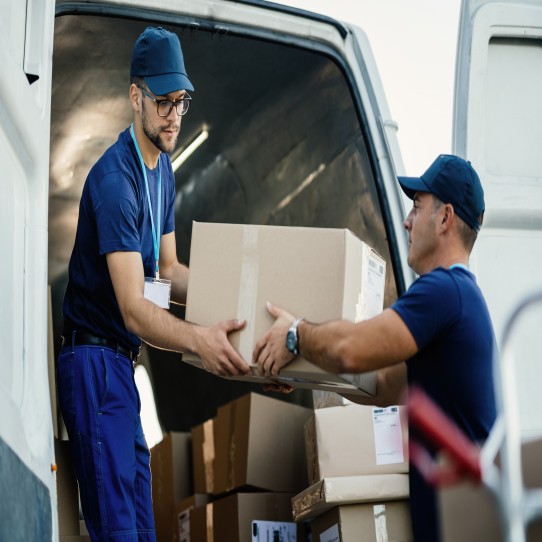 delivery men loading carboard boxes van while getting ready shipment 1